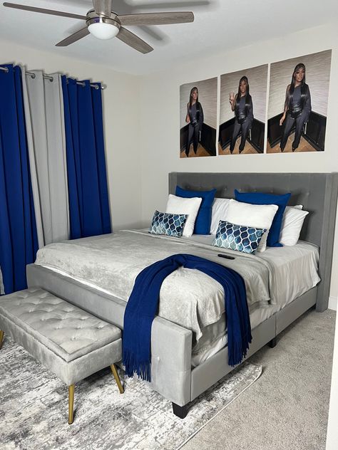 Royal Blue Black And Grey Bedroom, Grey And Blue Furniture Living Room, Royal Blue And Gray Bedroom Ideas, Royal Blue White And Silver Bedroom Ideas, Royal Blue Grey And White Bedroom, Blue And Gray Room Ideas, Blue Black And White Bedroom Ideas, Black Blue And White Bedroom, Colors That Go With Grey Bedroom