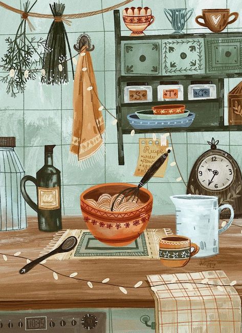 Chelsie Core Aesthetic, Kitchen Illustration Drawings, Cozy Illustration Art, Whimsical Drawings, Cozy Kitchen, Children Book, Art Et Illustration, Whimsical Illustration, Childrens Illustrations