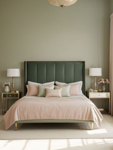 Sage Green Pink Bedroom, Green And Pink Bedroom Aesthetic, Olive Green And Pink Bedroom, Cream And Pink Bedroom, Green Pink Bedroom, Green And Blush Bedroom, Sage Green And Blush Bedroom, Sage Green And Pink Bedroom, Sienna Bedroom