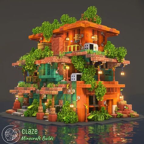 Minecraft Landscape Painting, Elevated Minecraft House, Savannah Biome House Minecraft, Mc Jungle Builds, Minecraft Shanty Town, Solarpunk Minecraft Builds, Minecraft Building Ideas Jungle, Minecraft Colorful Builds, Fishing Shack Minecraft