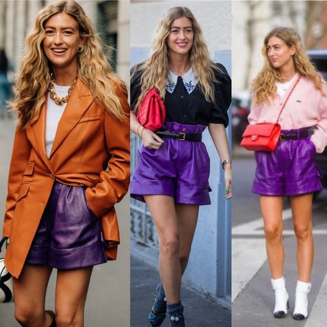 Purple Leather Skirt Outfit, Bermuda Outfits, Purple Skirt Outfit, Boho Business, Spring Summer Fashion Trends, Leather Skirt Outfit, Look Short, Leather Short, Quirky Fashion