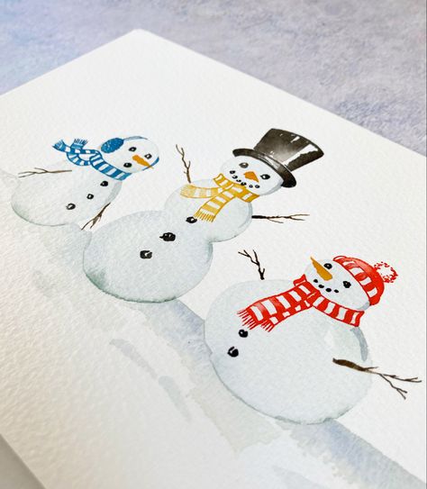 Watercolor Snowman Card, Handmade Watercolor Paint, Watercolor Snowman Tutorial, Homemade Cards Christmas, Snowman Watercolor Painting, Watercolour Snowman, Christmas Cards Painted, Watercolor Snowmen, Watercolour Snow