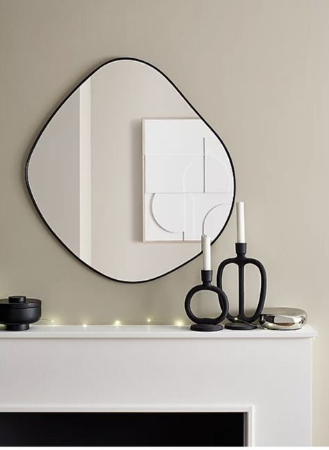 Pebble Mirror Fireplace, Black Mirrors In Bathroom, Black Rim Mirror, Landing Mirror, Hallway Landing Ideas, All Black Living Room, Entryway Mirror Ideas, Black Mirror Wall, Lounge Mirror