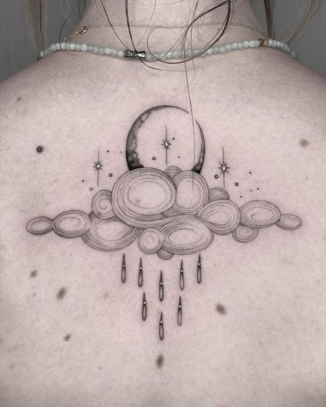 Storm Moon Tattoo, Night Rain Tattoo, Rainy Tattoo Ideas, Clouds Back Tattoo, Rainy Day Tattoo Ideas, Moon And Rain Tattoo, Rainy Cloud Tattoo, Raincloud Tattoo, Falling Star Tattoo