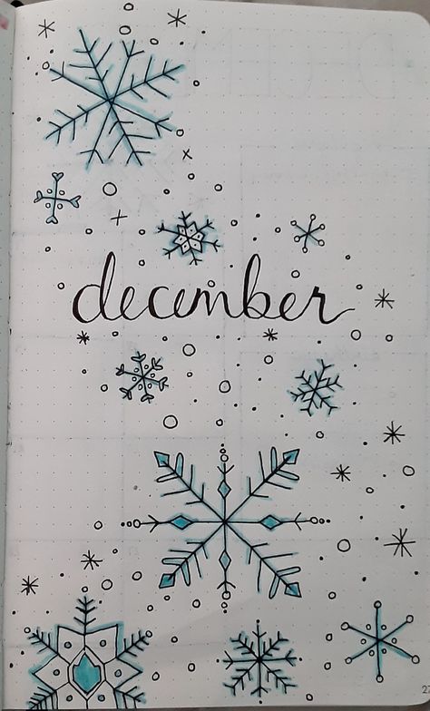 Snow Bujo Theme, Bujo Snowflake Theme, Winter Bujo Theme, December Title Page, Winter Journal Ideas, Journal For December, December Journal Ideas, Snowflake Sketch, December Lettering