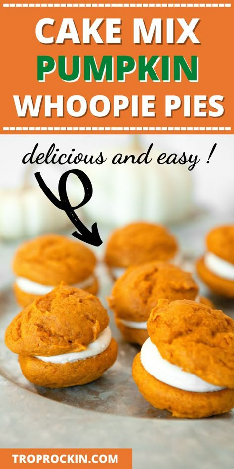 Cake Mix Pumpkin Whoopie Pies are a fantastic pumpkin cookie and perfect for Thanksgiving cookies. A treat the whole family will enjoy. These pumpkin cookies are made with cake mix have a soft texture with a tasty cream filling sandwiched together for the best cake mix pumpkin whoopie pies! Serve as a fun fall dessert at parties or as quick and easy Thanksgiving cookies! Cake Mix Whoopie Pies Pumpkin Spice, Pumpkin Whoopie Pies From Box Cake, Spice Cake Mix Whoopie Pies, Cake Mix Pumpkin Whoopie Pies, Pumpkin Gob Cake, Whoopie Pies Pumpkin, Pumpkin Whoopi Pies, Pumpkin Cookies From Cake Mix Recipes, Pumpkin Gobs Recipe