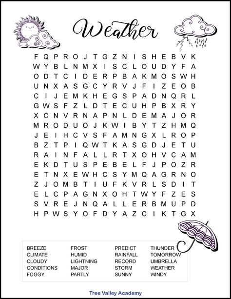 A free printable weather word search for kids with 20 hidden words for kids to find and circle. Medium difficulty level with most words at a grade 5 spelling level. Would make a great supplement to any weather unit. Pdf includes an answer page. Weather Word Search, Fifth Grade Science, Weather Science Activities, 5th Grade Spelling, Science Word Search, Weather Unit Study, 3rd Grade Words, Word Puzzles For Kids, Winter Worksheets