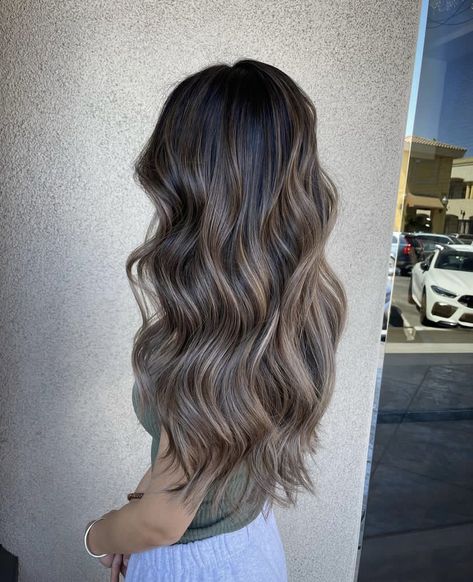 Ashy Blonde On Dark Hair, Ash Brown With Lowlights Dark, Ashy Brunette Highlights, Ash Brown Full Highlights, Light Brunette Hair With Lowlights Ash Brown, Subtle Highlights For Dark Hair Ash, Brunnet Hair With Ash Highlights, Soft Brown Balayage, Ashy Blonde Balayage On Dark Hair