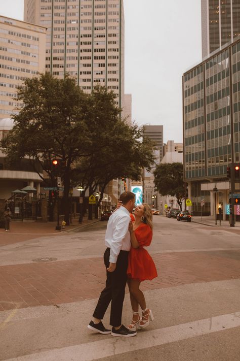 Engagement photos, red dress, dallas photography, girly aesthetic, platform heels, engagement pics Red Engagement Photos, Winter City Couple Photoshoot, Red Dress Engagement Pictures, Engagement Photos Red Dress, Red Dress Engagement, Photography Girly, Dallas Photography, Dress Engagement, Engagement Pic