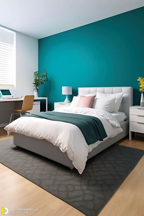 Bedroom Teal Accent Wall, Turquoise Accent Wall Bedroom, Teal Accent Wall Bedroom, Teal Bedroom Designs, Wall Paint Colour Combination, Teal Bedroom Decor, Teal Accent Walls, Room Color Combination, Bedroom Turquoise