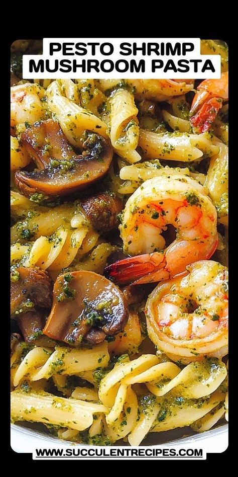 Whip up a gourmet meal in no time with this Quick and Easy Pesto Shrimp Mushroom Pasta! The combination of tender shrimp, sautéed mushrooms, and fresh pesto creates a satisfying dish everyone will love. Shrimp Mushroom Pasta, Pesto Shrimp Pasta, Shrimp Mushroom, Shrimp Stuffed Mushrooms, Shrimp Pesto Pasta, Spicy Shrimp Tacos, Pesto Shrimp, Creamy Shrimp Pasta, Mushroom Recipes Pasta