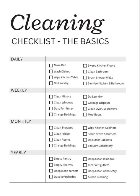 printable cleaning checklist digital download Cleaning List Printable, New Home Essentials, Room Checklist, Deep Cleaning Checklist, Clean Fridge, Easy Cleaning Hacks, Household Management, How To Clean Mirrors, House Cleaning Checklist