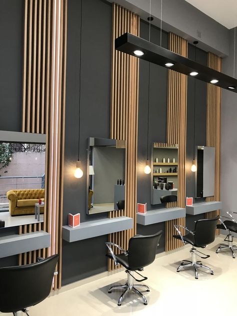 Trendy Salon Names, Modern Barber Shop Ideas Interior Design, Barbershop Design Interior, Takken Decor, Parlour Design, Saloon Decor, Salon Interior Design Ideas, Barber Shop Interior, Salon Lighting