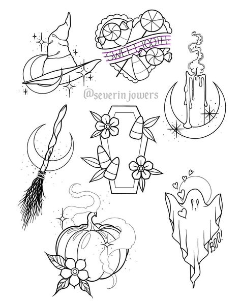 Severin Jowers on Instagram: “Here are some cute spooky tattoos available! ✨🎃👻 email me if you’re interested in booking 🖤 $150, full color, palm sized.” Easy Halloween Tattoo Flash, Traditional Spooky Tattoo Flash, Witch Ghost Tattoo, Simple Spooky Tattoos, Spooky Tattoos For Women, Spooky Tattoo Flash, Spooky Flash Tattoo, Cute Spooky Tattoos, Witchy Sleeve