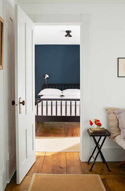 Benjamin Moore Deep Space, Black Spindle Bed, Cloud Cover Benjamin Moore, New England Bedroom, Color Palette Benjamin Moore, Benjamin Moore Bedroom, Dark Blue Bedroom, Dark Blue Bedrooms, Behr Colors