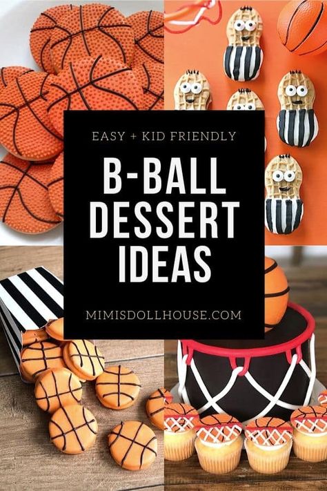 Amazing Basketball Party Food Ideas that are perfect for a March Madness Party!    Let's hit the court with some fantastic basketball cakes, cookies and dessert ideas.  These delicious treats are perfect for a basketball themed birthday or a march madness viewing party!  You are sure to score with these adorable and fun treats. Check out all the fun b-ball themed ideas!  #birthday #basketball #marchmadness #partyideas #boybirthday #kidsparties #baking #cake #cookies #desserts Diy Basketball Cupcakes, Basketball Bake Sale Ideas, Basketball Theme Desserts, Basketball Dessert Ideas, Basketball Treats For Team, Basketball Cupcakes Ideas, Basketball Cookie Cake, Basketball Desserts, Sports Desserts