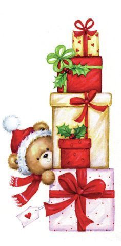 Stacked Presents, Forever Friends, Advocate Art, Christmas Graphics, Christmas Bear, Christmas Drawing, Noel Christmas, Vintage Christmas Cards, Christmas Paintings