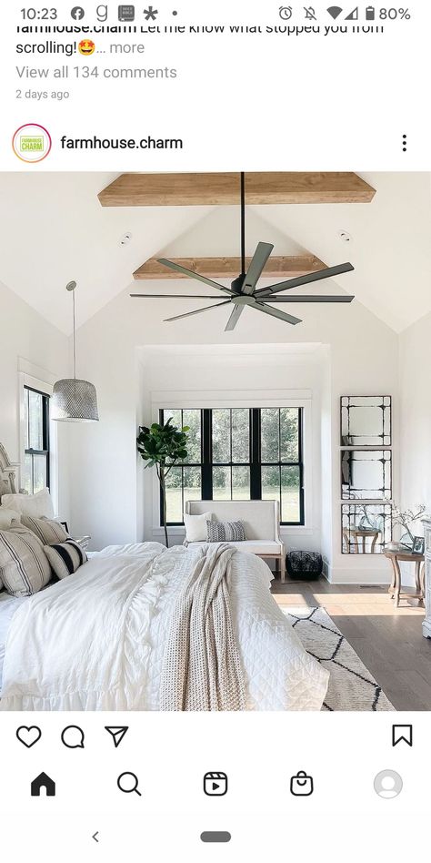 Master Bed Vaulted Ceiling, Exposed Beams Bedroom Master Suite, Farmhouse Vaulted Ceiling Bedroom, Open Ceiling Bedroom, Master Bedrooms Tall Ceiling, Beams In Master Bed, Bedroom With Beams On Ceiling, Primary Bedroom With Vaulted Ceiling, Cathedral Ceiling Master Suite