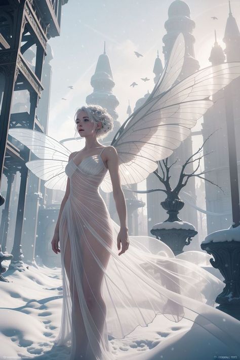 Ice Fairy Dress, Snow Fairy Art, White Elf Aesthetic, Winter Elf Aesthetic, Winter Fae Aesthetic, Tinker Bell Characters, Fae People, Winter Faerie, Air Fairy