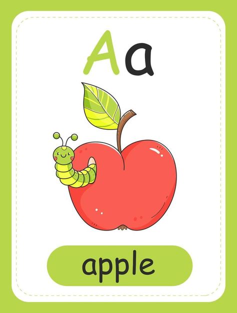 Alphabet card for children with the letter A and an apple with caterpillar. Educational card for kids. The word apple, the English alphabet. Vector illustration. A Apple Letter, Letter A Clipart, Alphabet In English, English Alphabet For Kids, Abc Lettering, Abc Cartoon, Abc Illustration, Apple Word, Apple Letters