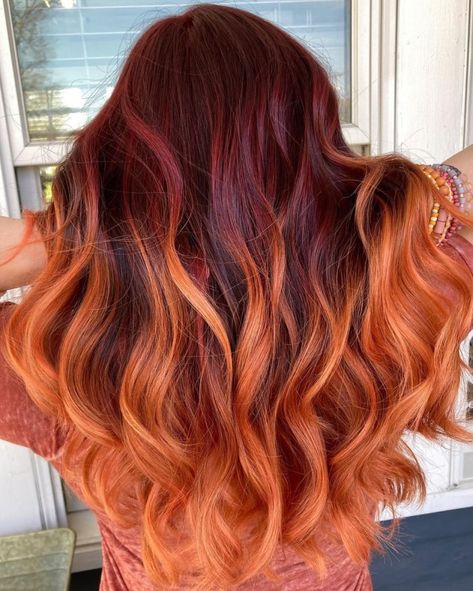 Tangerine Hair with Burgundy Roots Orange Roots Red Hair, Fall Season Hair Color, Pumpkin Spice Ombre Hair, Dark Red Hair With Orange Highlights, Copper Hair With Dark Roots Red Ombre, Burgundy And Copper Hair, Burgundy And Orange Hair, Red Blonde Balayage Ombre, Red And Teal Hair