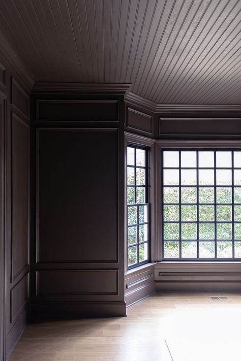 Black Ceiling Brown Walls, Dark Ikea Bedroom, Brown Paint That Looks Like Wood, Brown Wall Room, Black Ensuite, Dark Paint Bedroom, Dark Ceiling Bedroom, Brown Walls Bedroom, Dark Brown Room