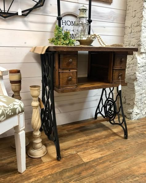 Decorating With Antique Sewing Machine, Repurposed Sewing Table, Sewing Machine Base Repurposed, Repurposed Singer Sewing Machine Table, Vintage Sewing Machine Repurposed, Treadle Sewing Machine Ideas Repurposed, Singer Sewing Machine Ideas, Old Sewing Machine Table Repurposed Coffee Bar, Sewing Machine Repurposed