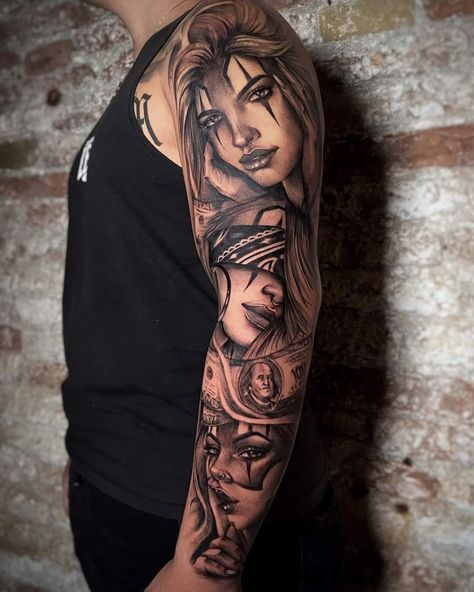 Chicano Arm Sleeve, Chicano Tattoos Sleeve, Full Leg Tattoos, Tattoo Lettering Design, Skull Sleeve Tattoos, Chicano Style Tattoo, Men Tattoos Arm Sleeve, Jellyfish Tattoo, Full Arm Tattoos