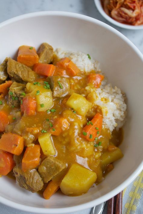 I love the fall. The weather is getting cooler, my slow cooker happily takes its semi-permanent place on my kitchen counter while my oven always seems to be occupied roasting something. There are a handful of comfort food dishes that I crave this time of year, and this Korean Curry Rice is one of them. Korean Curry, Curry Rice Recipes, Mapo Tofu, Korean Cooking, Curry Rice, K Food, Korean Dishes, Weeknight Dinner Recipe, Asian Cooking