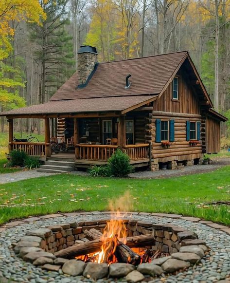 Fire Pit And Adirondack Chairs, Building A Small Cabin, Multi Level Deck, Log Cabin Ideas, Log Cabin Rustic, Forest Cabin, Cabin Exterior, A Simple Life, Built In Seating