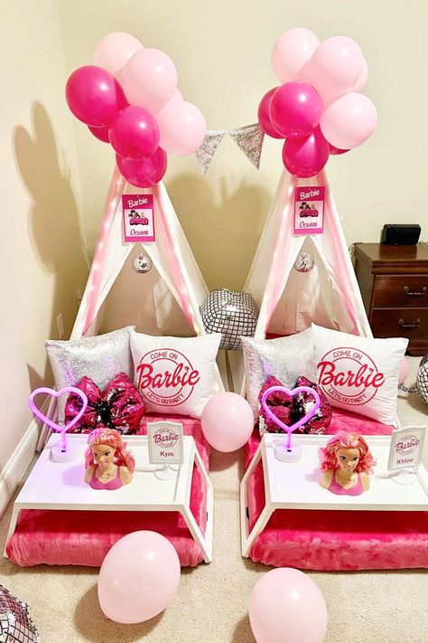 Take a look at this amazing Barbie sleepover! The teepees are fab! See more party ideas and share yours at CatchMyParty.com Barbie Birthday Party Sleepover, Barbie Themed Sleepover, Barbie Slumber Party Ideas, Sleepover Barbie, Barbie Tent Party, Barbie Sleepover Party, Barbie Slumber Party, Barbie Sleepover Tents, Barbie Tent