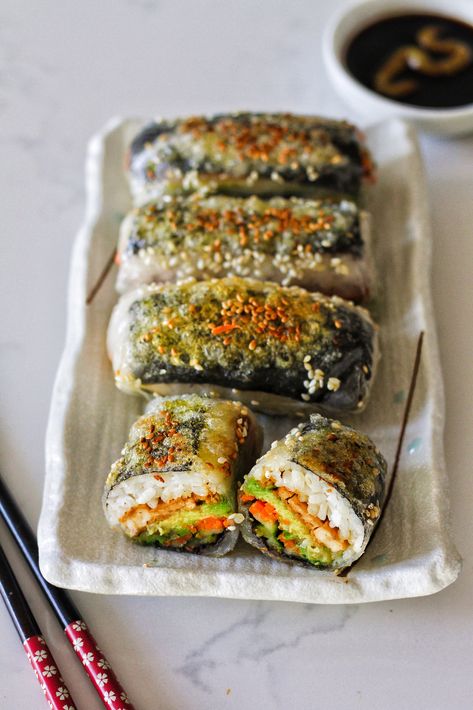 Rice Paper Nori Rolls, Tofu Nori Wrap, Vegetarian Rice Rolls, Rice Paper Sushi Rolls Fried, Vegan Crispy Rice Sushi, Tofu Fresh Rolls, Rice Paper Ramen Rolls, Veggie Wraps Rice Paper, Ground Beef Rice Paper Rolls