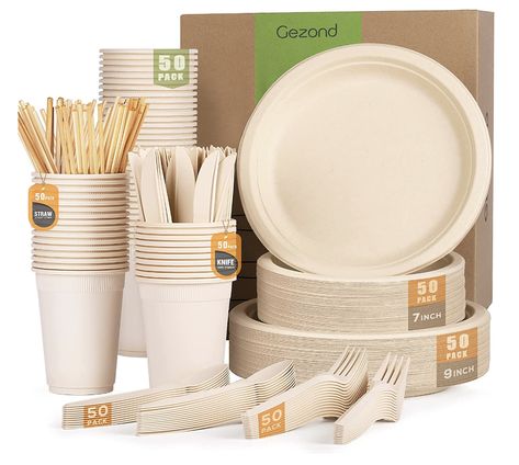 Gezond 350pcs Compostable Paper Plates Set Eco-friendly Heavy-duty Disposable Paper Plates Cutlery Includes Biodegradable Plates, Forks, Knives, Spoons, Cups and Straws for Wedding Party, 50 Guests Natural Plates, Disposable Cutlery, Disposable Plates, Disposable Cups, Sugar Cane, Plastic Plates, Disposable Tableware, Party Tableware, Plates Set