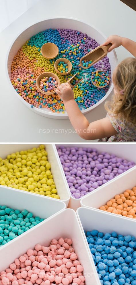 How to Colour Chickpeas for Play – Inspire My Play Spring Sensory Table, Diy Sensory Activities, Diy Sensory Play, Crafts For Babies, Diy Sensory Toys, Sensory Play Toddlers, Toddler Sensory Bins, Diy Sensory, Easy Toddler Activities