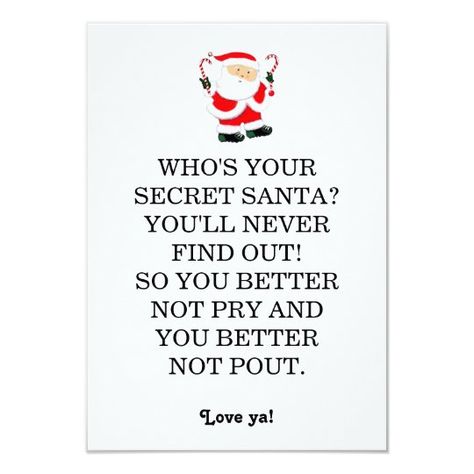 Secret Santa Christmas Cards | Zazzle.com Secret Santa Notes For Coworkers, Secret Santa Notes, Secret Santa Cards, Secret Santa Messages, Secret Santa Note, Secret Santa Rules, Secret Santa Poems, 10 Secret Santa Gifts, Santa Notes