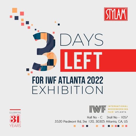 The countdown to IWF Atlanta Exhibition has begun! Come hang with us and don't miss the opportunity... Only 3 days left until! Looking forward to this event as much as we're looking forward to seeing you there ✌🏼 #save_the_date 23rd-26th Aug' 2022. IWF Atlanta 2022 Stall No - 1057 Hall No - C Venue - 3520 Piedmont Rd NE Suite 120, Atlanta, GA 30305, United States #IWF2022 #Stylam #BuildingMaterial #IWFAtlanta #Exhibition #countdown #countdownbegins Event Countdown Design, Countdown Social Media Design, 3 Days To Go, Save The Date Event Design, Countdown Creative Ads, Event Countdown Poster Design, 3 Days Left Countdown, Save The Date Conference, 3 Days To Go Countdown