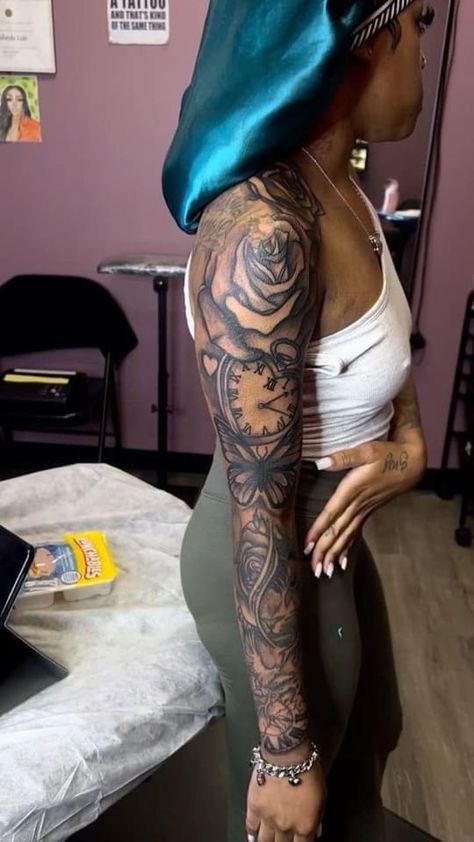 Shoulder Arm Sleeve Tattoos For Women, Tattoo Ideas Female Red And Black, Virgo Sleeve Tattoo Women, Red Ink Tattoos Sleeve, Chest Tattoo Black Female, Meaningful Half Sleeve Tattoos For Women, Whole Sleeve Tattoos For Women, Women Sleeve Tattoo Ideas, Red Sleeve Tattoo