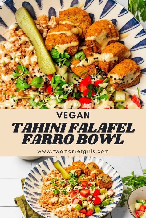 Falafel Farro Bowl (Plant-Based) | Two Market Girls Meals With Falafel, Chopped Veggie Salad, Super Easy Lunch, Farro Bowl, Vegan Autumn, Falafel Bowl, Vegan Vegetable Recipes, Cucumber And Tomato Salad, Cucumber And Tomato