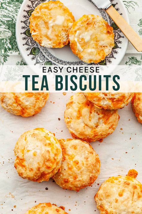 Easy Cheese Tea Biscuits This easy cheese tea biscuits recipe is great to keep in your back pocket in case company pops in, or you want a quick snack with tea. Quick And Easy Cheese Biscuits, Homemade Tea Biscuits Recipe, Easy To Make Biscuits, Ham And Cheese Tea Biscuits, Cheese Tea Biscuit Recipe, Cheddar Tea Biscuits, Mini Cheese Biscuits, Easy Tea Biscuits 3 Ingredients, Tea Biscuit Recipe Easy