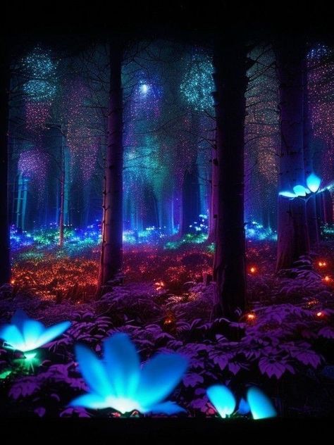 Fantasy Bioluminescent Forest, Neon Forest Aesthetic, Bioluminescence Plants, Witch Outdoors, Bioluminescence Forest, Magical Plants Art, Bioluminescence Art, Enchanted Forest Night, Avatar Forest