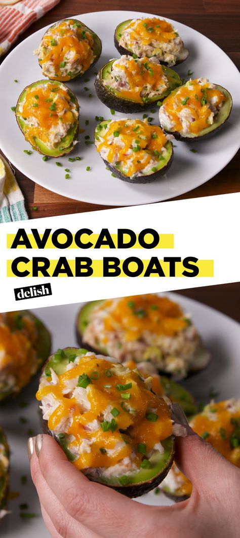 If you love tuna melts, these Avocado Crab Boats will blow your mind. Get the recipe at Delish.com. #recipe #easyrecipe #crab #seafood #easy #lunch #healthy #cheese #cheddar #avocado #yogurt #greekyogurt Crab Stuffed Avocado, Avocado Yogurt, Avocado Boats, Healthy Cheese, Crab Meat Recipes, Cheese Cheddar, Lunch Healthy, Tuna Melts, Crab Recipes