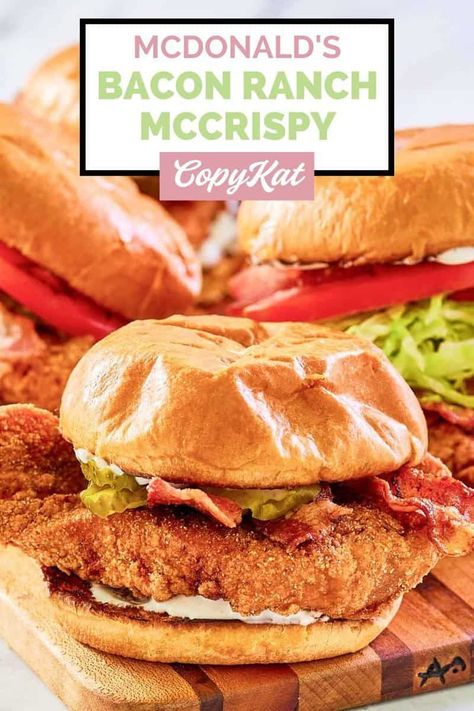 Enjoy the thrill of recreating the McDonald's magic at home with this easy Bacon Ranch McCrispy copycat recipe! Capture the unique taste of this fan-favorite with crispy golden chicken, smoky bacon, pickles, and zesty ranch dressing, in a fluffy potato bun. Or a deluxe with lettuce and tomato. Savor the perfect balance of crunch and flavor anytime you wish. Whether for a tasty lunch or dinner, this recipe brings the iconic McDonald's McCrispy chicken sandwich right to your kitchen. Simple Sandwich Recipes, Bacon Sandwich Recipes, Bacon Pickles, Potato Bun, Mcdonalds Recipes, Best Copycat Recipes, Zesty Ranch, Crispy Chicken Sandwiches, Golden Chicken