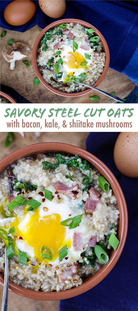 Steel Cut Oats Recipes, Savory Steel Cut Oats, Bacon Kale, Steel Cut Oats Recipe, Breakfast Lovers, Shiitake Mushrooms, Work Meals, Oats Recipe, Steel Cut Oats