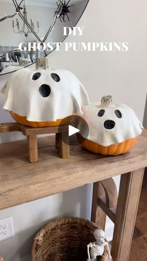 12K views · 11K reactions | DIY Ghost pumpkins

Cute DIY! I feel in love with much more expensive ones and thought I could make my own. 

Comment SHOP for links
You’ll need air dry clay(about 3.5-4.0 lbs). 
Plastic pumpkins. 
Black acrylic paint
Round object to hep you cut the perfect circle 
Flour:easier removal from surface. 
Water
Rolling pin 
Pizza cutter/clay blade

Directions: sprinkle flour on your surface . This will help removal of clay. Lay out your clay and flatten it using a rolling pin. 

For reference: pumpkin size used-6” 
Plate: 13” round and 11” round(i preferred the larger one). 

Cut clay using plate to trace. 
Slowly remove clay and place it on top of pumpkin. Use a little bit of water to fix any imperfections. Damp finger and make eyes and mouth(this is optional but I Diy Ghost, Ghost Diy, Scary Decorations, Plastic Pumpkins, Perfect Circle, Clay Crafts Air Dry, Christmas Clay, Black Acrylic Paint, Surface Water