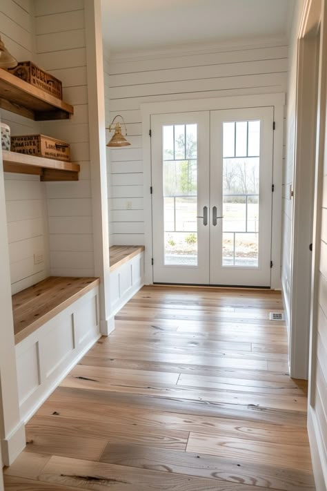 These 15 Farmhouse Mudroom Ideas Are Giving Us All the Heart Eyes Colorado Modern Farmhouse, Rustic Flooring Ideas Farmhouse Style, White Farmhouse Interior Design, Mudroom With Bathroom, Backdoor Mudroom, White Farmhouse Interior, Mudroom Flooring Ideas, Farmhouse Mudroom Decor, Cottage Style Mudroom