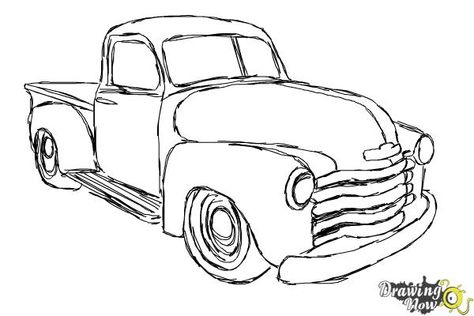 How to Draw a Chevy Truck - DrawingNow How To Draw A Vintage Truck, How To Draw An Old Truck, Old Truck Drawings Chevy, Pick Up Truck Drawing, Tow Truck Drawing, Chevy Truck Drawing, Old Car Drawing, Old Chevy Trucks, Wolf Tattoo Traditional