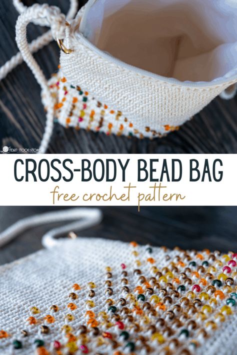 Cross Body Bead Bag: Free Crochet Pattern - Heart Hook Home Crochet Purse With Beads, Crochet Beaded Jewelry Patterns Free, Beaded Crochet Jewelry, Crochet Bags With Beads, Crochet With Beads Ideas, Crochet Patterns With Beads, Bead Crochet Bag, Crochet Body Bag, Crochet Beaded Bag