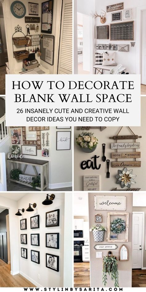 26 CREATIVE AND CUTE WALL DECOR IDEAS - Stylin by Sarita Farmhouse Decor Hallway Wall, Indoor Wall Decor Ideas, Living Room Wall Decor Modern Farmhouse, Alternatives To Gallery Wall, Wall Vignettes Decorating Ideas, Kitchen Hallway Wall Decor, Wall Art Ideas Kitchen, Gallery Wall Styling, Decorating Small Wall Space