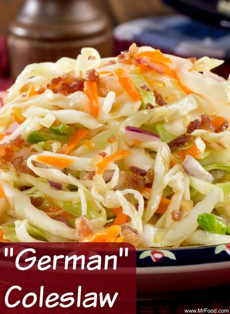 This vinegar-based coleslaw has all the taste of a traditional German potato salad, but in coleslaw form. Try this for a change of pace! German Salads, German Food Authentic, German Potatoes, German Potato Salad, Slaw Recipes, Coleslaw Recipe, Cabbage Recipes, European Food, Salad Bar