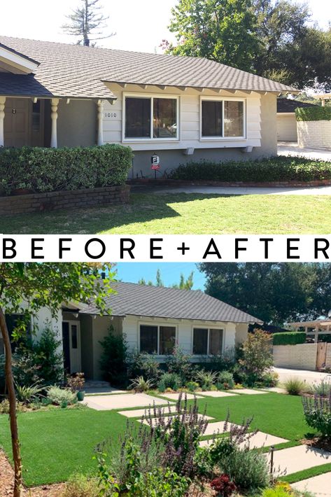 Before & After Landscape: Southern California Front Yard Low Grass Front Yard, Front Yard Landscaping Design Ranch, Front Yard Upgrade, Astroturf Front Yard, Front Yard Landscaping Design Minimalist, Midcentury Modern Front Yard Landscaping, Grey House Landscaping Ideas, Front Yard Landscaping Southern Ca, San Diego Front Yard Landscaping